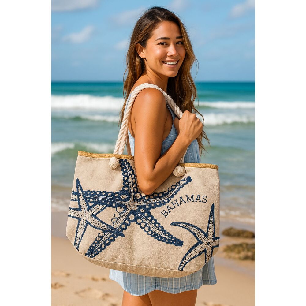 Canvas Tote Bag Large 21.5x15.5 Seashell Lined Beach Bag w/ Pocket Bahamas